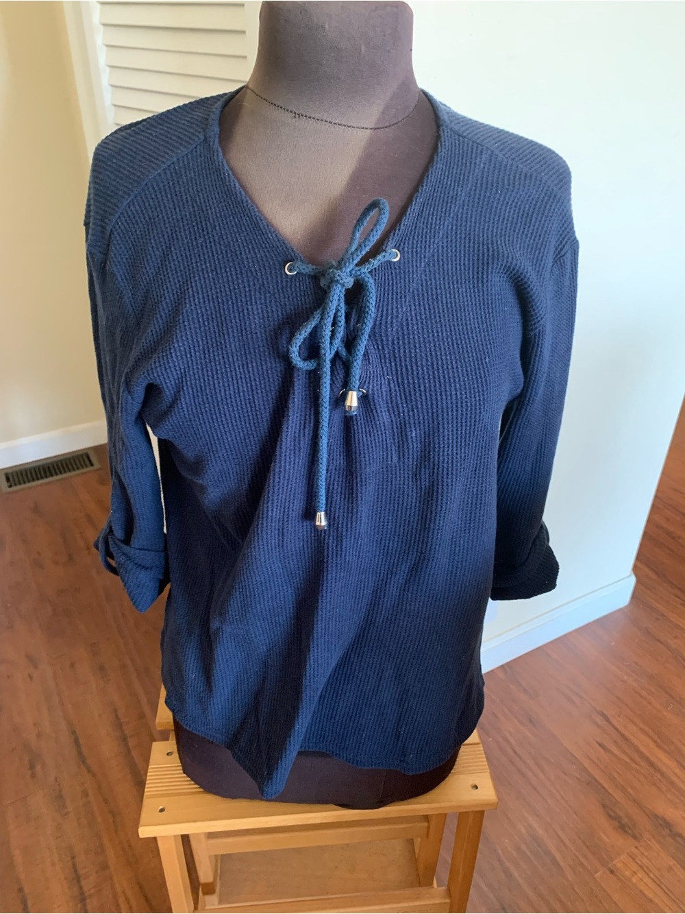 Navy Lace-Up Waffle Knit Women's Blouse